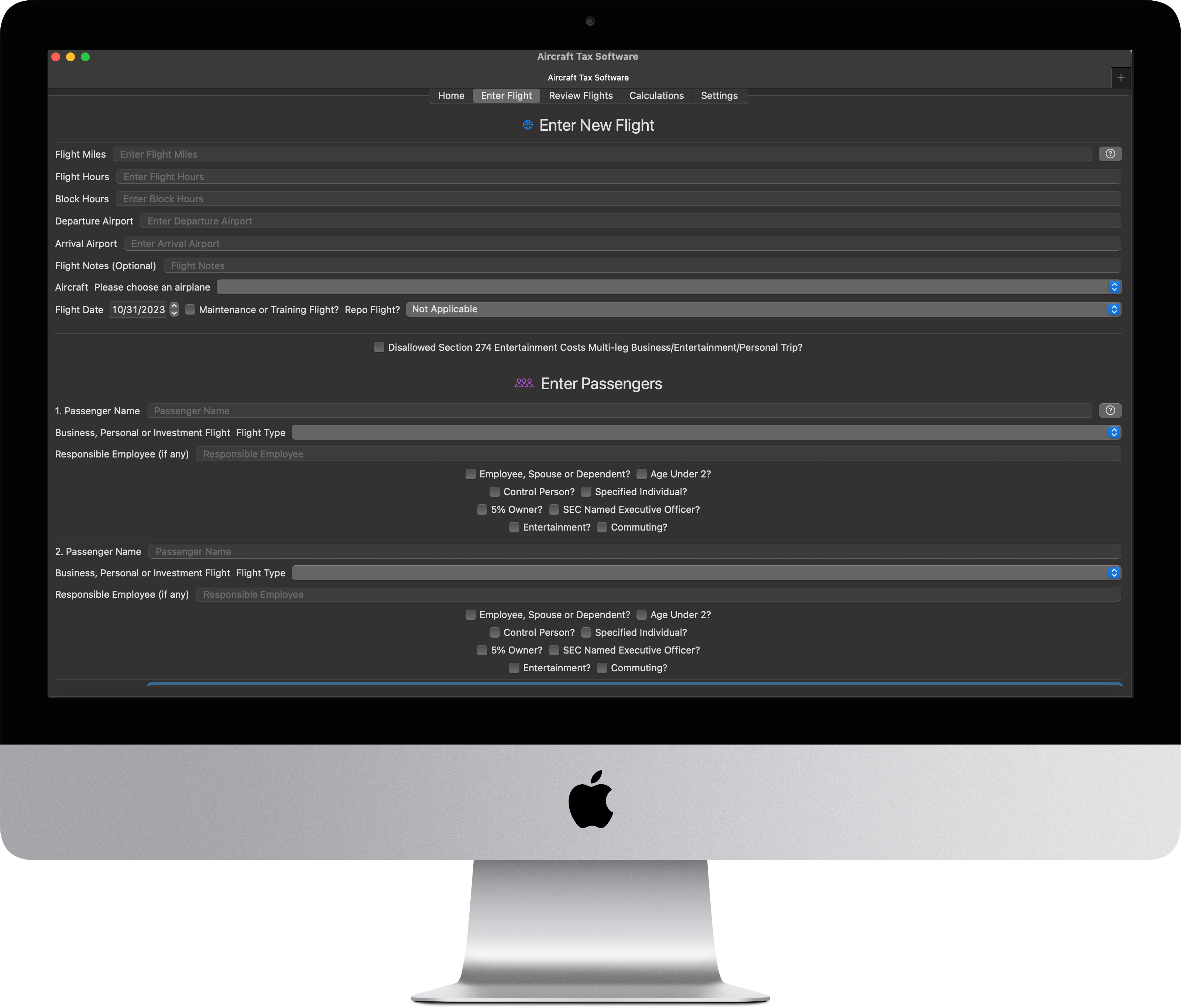 image mac desktop computer showing enter flight and passenger screen in program